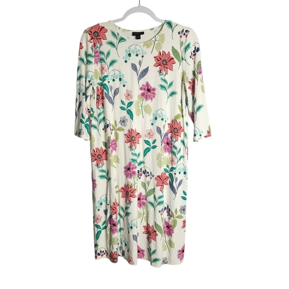 J Jill Wearever Collection Floral Round Neck 3/4 Sleeve Shift Pullover Dress